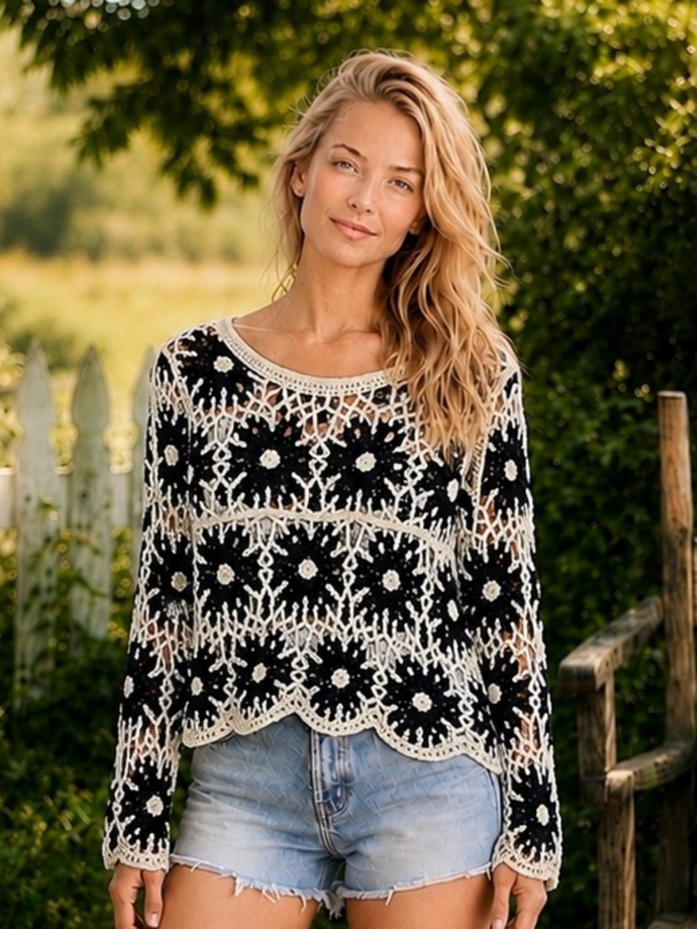 POL One Size Black & Cream Crochet Floral Crop Top